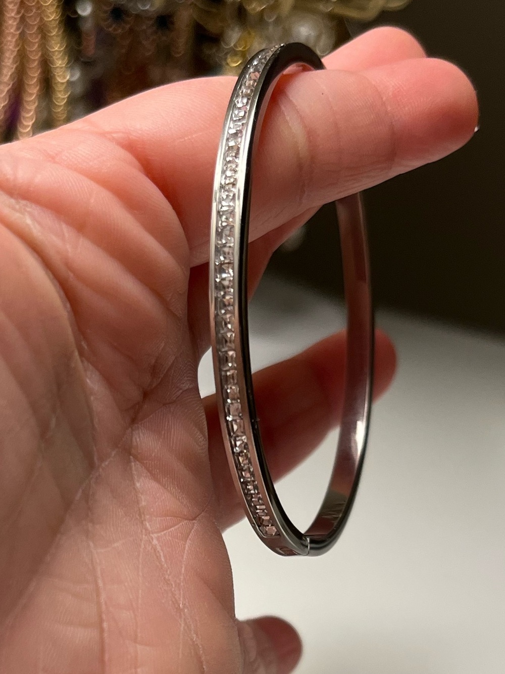 Silver Tone Rhinestone Hinged Bangle Bracelet